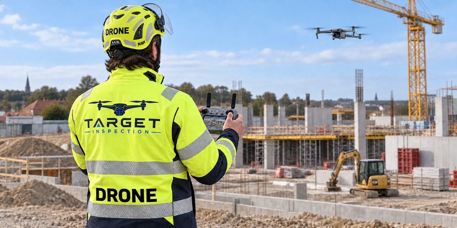 AI-genereret illustration: droneoperatør set bagfra med gul refleksjakke, Target Inspection-logo, DRONE-mærkning og gul hjelm med sølvreflekser og visir samt bølget mørkebrunt hår ned til kraven. Operatøren holder en fjernbetjening og ser på en drone over en byggeplads.