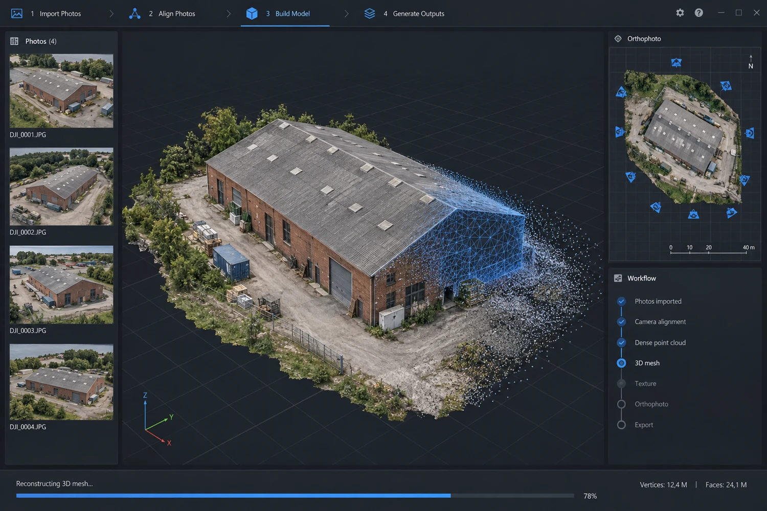AI-genereret illustration af generisk fotogrammetri-software med dronefotos, ortofoto og rekonstrueret 3D-model; ikke et faktisk skærmbillede.