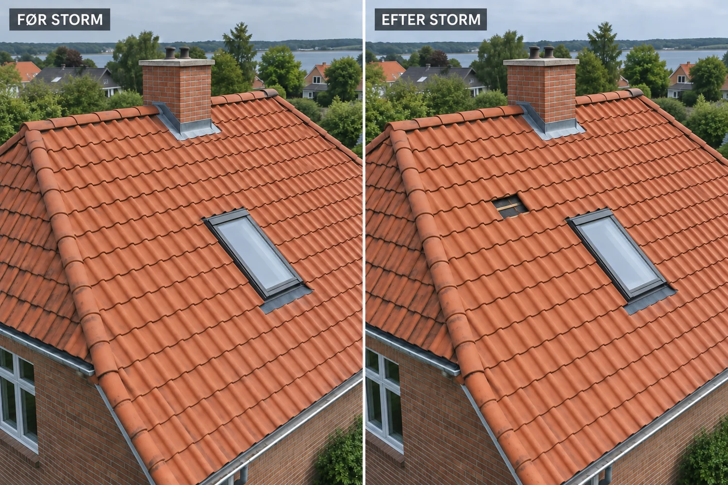 AI-genereret før/efter-illustration af samme tag: intakt før stormen og kun to manglende tagsten efter stormen.